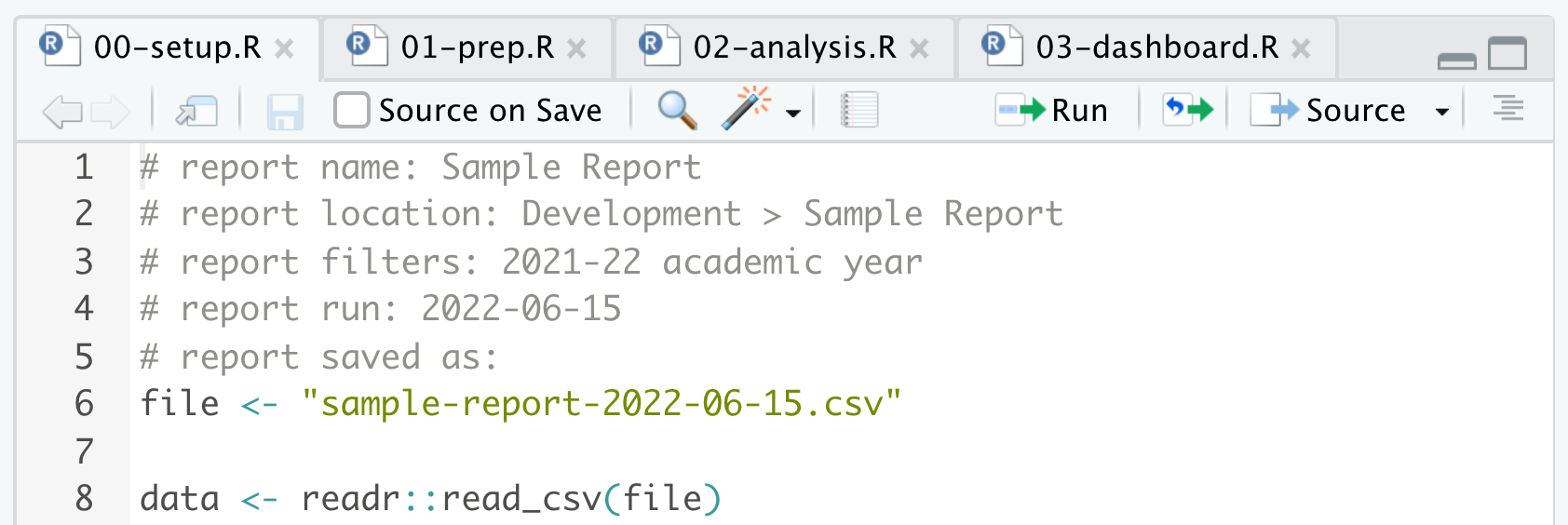 RStudio screenshot showing examples of report comments: report name, location, dates